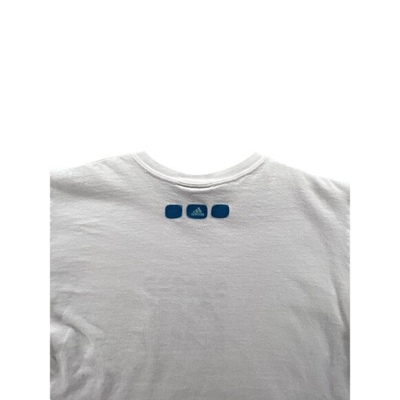 Vintage Adidas Medium White Crop T-Shirt With Blue Logo Graphic & Iconic Brandin - Picture 5 of 9